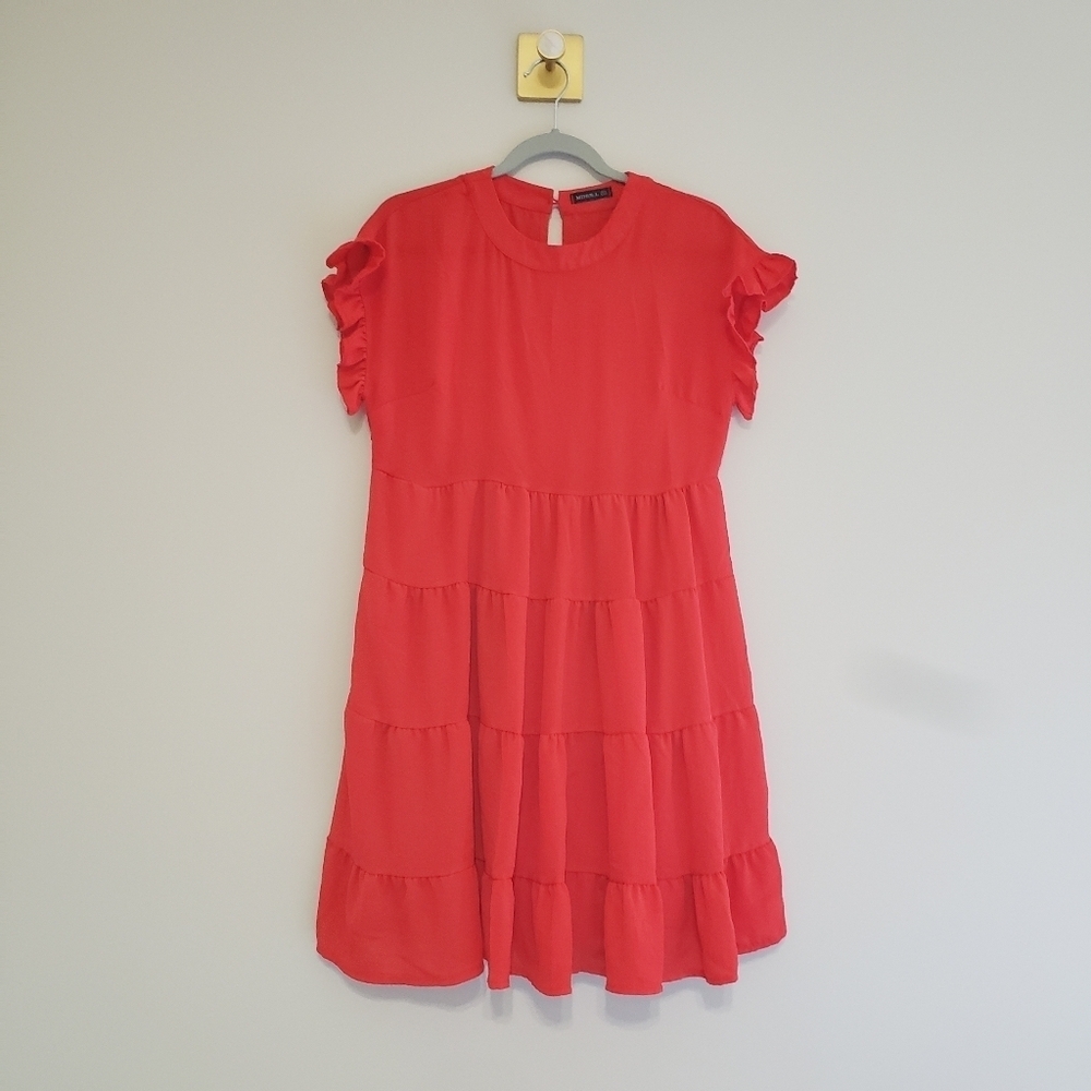 MIHOLL Tiered Dress Small Red Ruffle Flutter Sleeve Preppy Girly Feminine Office